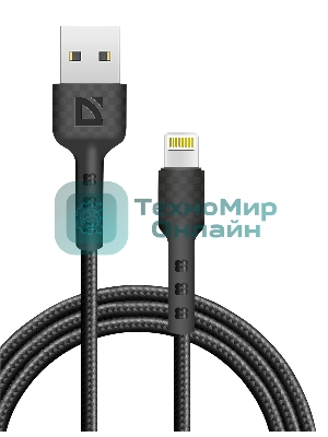 Кабель Defender F181, USB 2.0 (AM) - Apple Lightning (M), 1 м, 2.4А, нейлоновая оплетка, черный.