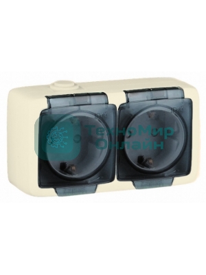 Розетка HEGEL РА16-251-01 Alfa двухместная, с пылевлагозащитой, с заземляющими контактами, открытой установки, слоновая кость