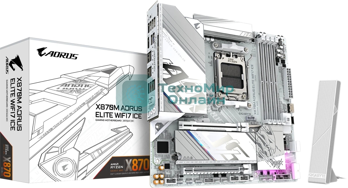 Материнская плата Gigabyte X870M AORUS ELITE WIFI7 ICE, AM5, AMD X870, 4xDDR5, 2xSATA, 2xM.2, 1xPCIe 5.0 x16, 1xPCIe 4.0 x16, 1xHDMI, 1x2.5Gb LAN, Wi-Fi 7, Bluetooth 5.4, 2xUSB-C 40Gbps (USB4), 2xUSB-A 10Gbps, 4xUSB-A 5Gbps, 4xUSB-A 2.0, 3x3.5 мм + S/PDIF оптический, 7.1, белый, mATX