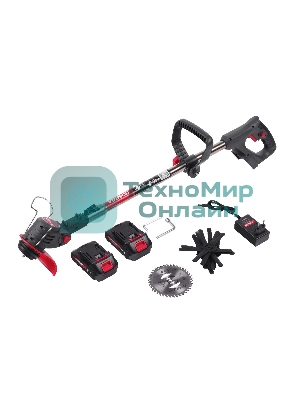 Триммер аккумуляторный Победа ТА 202, 20/21В, с 2 акб 1,5Ач и зу, макс 145мм, пластик. ножи (10шт) + мет. диск 40Т, телескоп