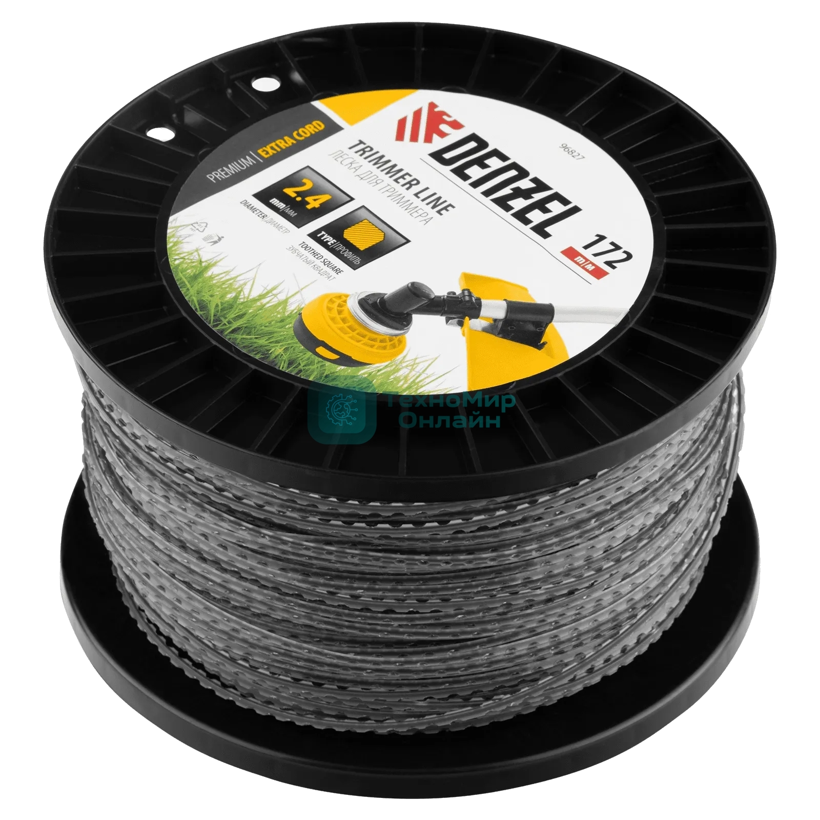 Леска для триммера Denzel двухкомпонентная, зубчатый квадрат, 2,4 мм х 172 м, на DIN кат. EXTRA CORD