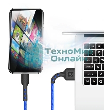 Кабель Defender F181, USB 2.0 (AM) - microUSB 2.0 (BM), 1 м, 2.4А, нейлоновая оплетка, синий.