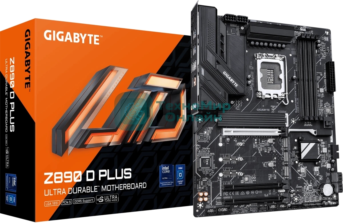 Материнская плата Gigabyte Z890 D PLUS, LGA 1851, Intel Z890, 4xDDR5, 4xSATA, 4xM.2, 1xPCIe 5.0 x16, 2xPCIe 4.0 x16, 1xDP, 1x2.5Gb LAN, 1xUSB-C 10Gbps, 1xUSB-A 10Gbps, 4xUSB-A 5Gbps, 4xUSB-A 2.0, 3x3.5 мм, 7.1, чёрный, ATX