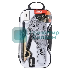 Циркуль Deli EG30404, корпус ассорти, металл, в комплекте: линейка/транспортир/2 угольника/карандаш/ластик/точилка