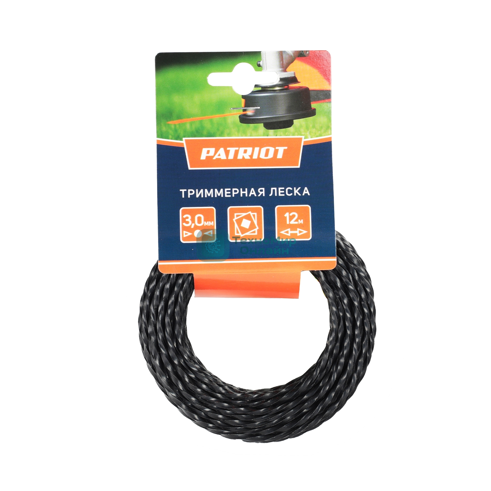 Леска PATRIOT D 3,0 мм L 12 м (скрученный квадрат, черный) 300-12-5, картонный подвес