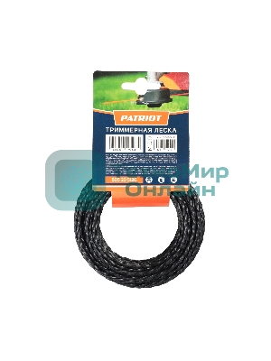 Леска PATRIOT D 3,0 мм L 12 м (скрученный квадрат, черный) 300-12-5, картонный подвес