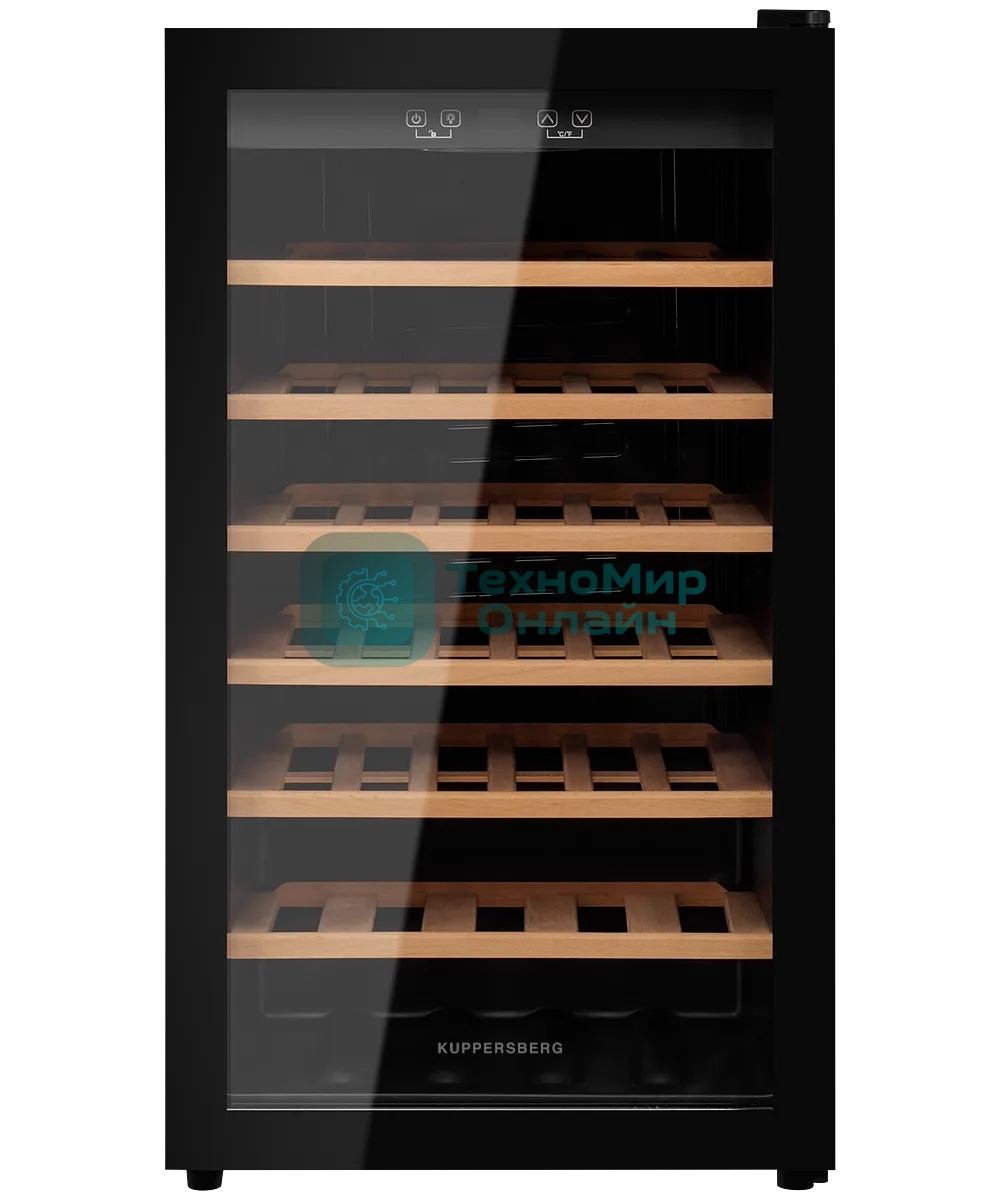 Винный шкаф Kuppersberg RSW 82, отдельностоящий, High-Tech, объем 128 л, вместимость 40 бутылок, диапазон температуры 5-20 градусов, механическое открытие двери, 6 полок из бука, LCD дисплей, уровень шума 38 дБ, черный