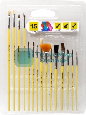Набор кистей Silwerhof Color (набор 15шт) пони круглая №1,2,3,4,5/плоская №1/2, 1/4, 4/круглая №3,5/плоская №1/2, 4, 8/синтетика веерная №4