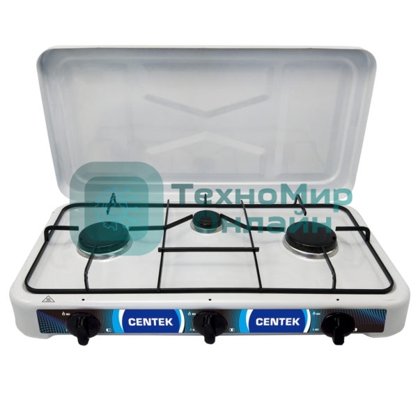 Плита настольная газовая Centek CT-1522 белый, 1.7 кВт, газ, конфорки - 3, эмаль, поворотные переключатели