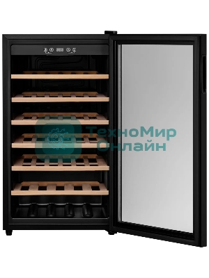Винный шкаф Kuppersberg RSW 82, отдельностоящий, High-Tech, объем 128 л, вместимость 40 бутылок, диапазон температуры 5-20 градусов, механическое открытие двери, 6 полок из бука, LCD дисплей, уровень шума 38 дБ, черный