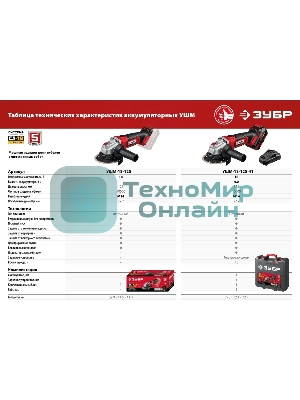 Угловая шлифовальная машина ЗУБР 18В, 1 АКБ (4Ач), в кейсе. УШМ-18-125-41