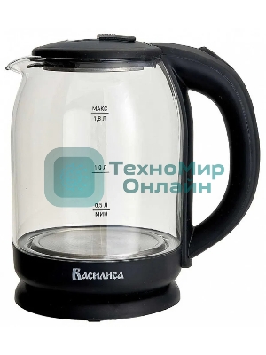 Чайник электрический ВАСИЛИСА ВА-1034 стекло, черный, 1.8 л, 1500 Вт