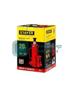Домкрат STAYER 43160-20_z01 гидравлический бутылочный red force 20т 242-452мм