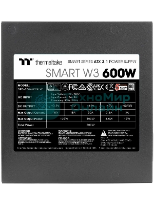 Блок питания Thermaltake Smart W3 600W, ATX 3.1, APFC, 12cm Fan, 80 PLUS, Retail