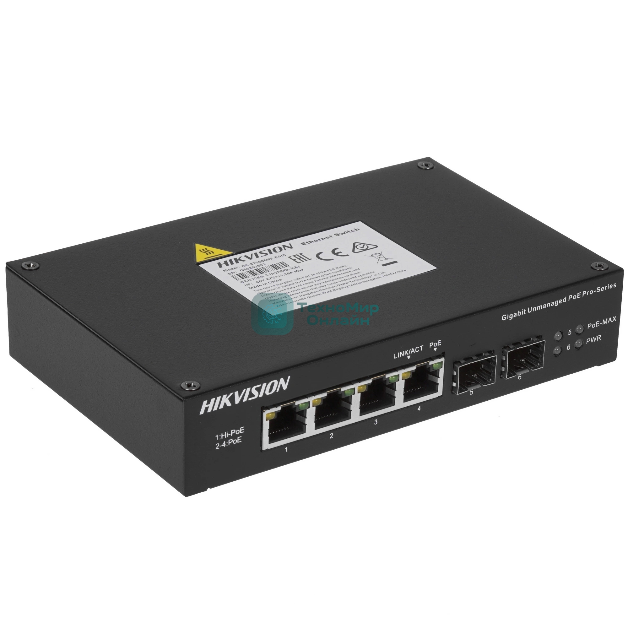 Коммутатор Hikvision DS-3T0506HP-E/HS, 4×1 Гбит/с PoE+ + 2×1 Гбит/с SFP, неуправляемый