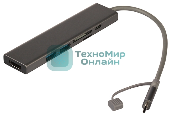 USB-концентратор Qumo Dock 7 (HB-0008), Type-C, PD, HDMI, 4k 30Hz, 1080p 60 Hz, GE1000 MBS, 4 USB 3.0, 20 см, SD, Micro SD, металлический корпус, темно-серый