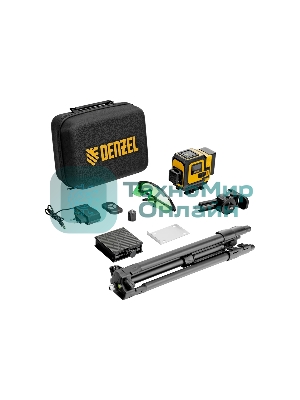 Лазерный уровень мультипризменный Denzel DLV-360-3T, 30 м, зеленый луч, Li-Ion 2,4 Aч, штатив