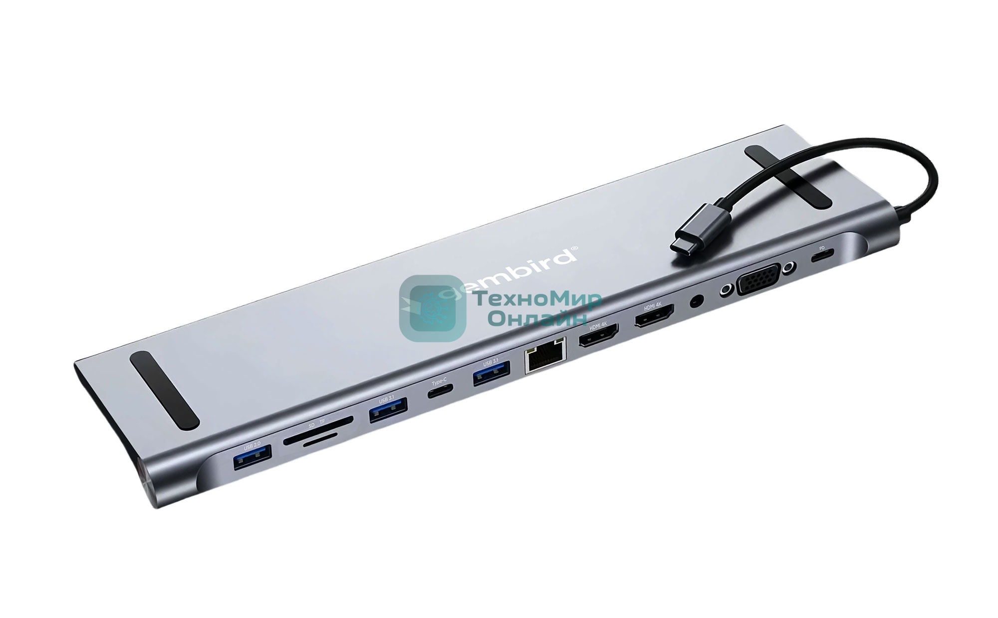 Концентратор USB Type-C Gembird UHB-D6, 12в1: 2xUSB3.1, USB2.0, RJ45, Type-C PD87W, Jack 3.5, SD/TF, 2xHDMI, VGA, Type-C, кабель 23см, алюминий