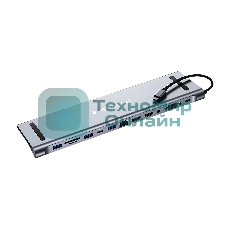 Концентратор USB Type-C Gembird UHB-D6, 12в1: 2xUSB3.1, USB2.0, RJ45, Type-C PD87W, Jack 3.5, SD/TF, 2xHDMI, VGA, Type-C, кабель 23см, алюминий