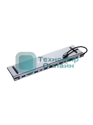 Концентратор USB Type-C Gembird UHB-D6, 12в1: 2xUSB3.1, USB2.0, RJ45, Type-C PD87W, Jack 3.5, SD/TF, 2xHDMI, VGA, Type-C, кабель 23см, алюминий