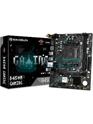 Материнская плата Maxsun B450M GAMING WIFI, AM4, AMD B450, 2xDDR4 (до 64 ГБ), 2xSATA, 1xM.2 (PCIe 3.0 x4), 1xPCIe 3.0 x16, 1xPCIe 3.0 x1, 1xHDMI, 1xDP, 1x1Gb LAN, Wi-Fi 5, Bluetooth 4.2, 4xUSB-A 5Gbps, 2xUSB-A 2.0, 3x3.5 мм, 7.1, mATX