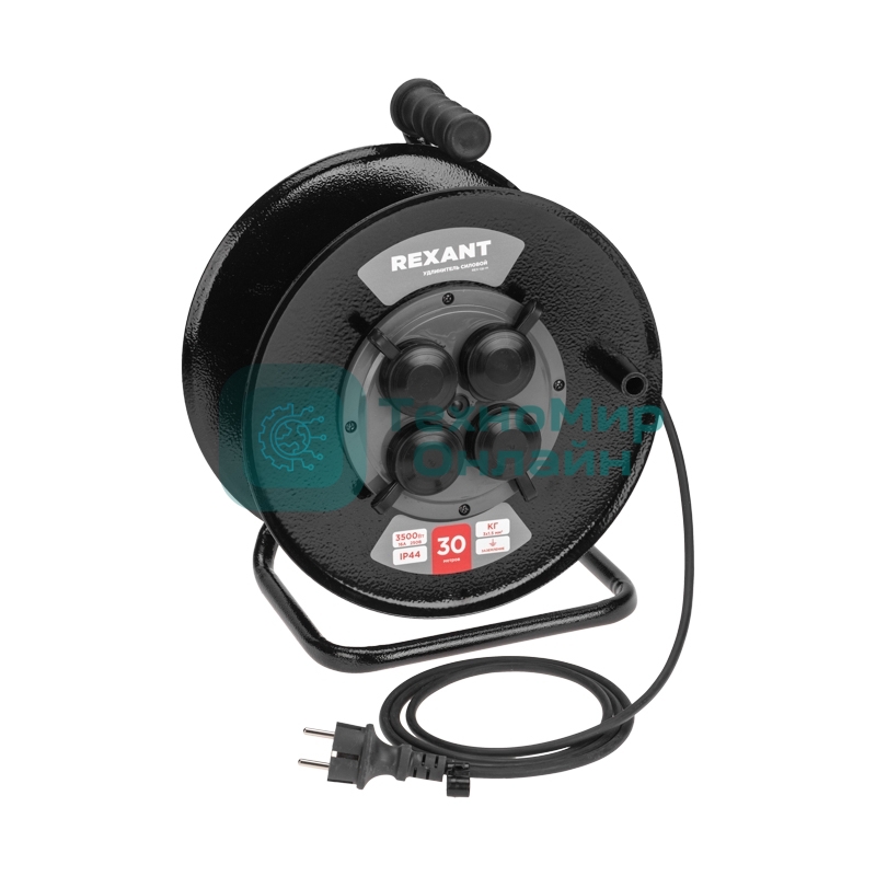 Удлинитель силовой Rexant КГ на катушке 4 гнезда, с/з, 30 м, 3х1,5 мм², IP44 c защитными крышками, металлическая катушка