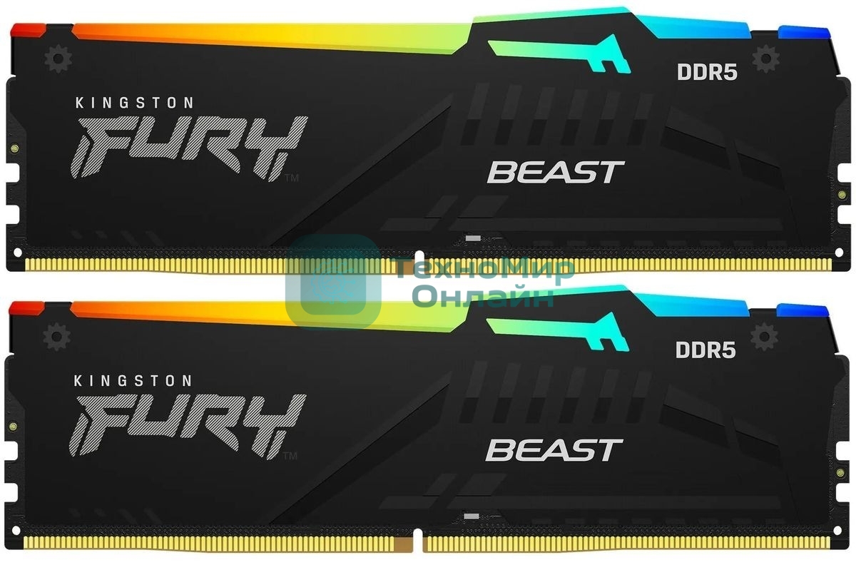 Оперативная память Kingston Fury Beast, DDR5, 64Gb (2x32Gb), 6000MHz, CL30, DIMM, с радиатором, RGb, черный