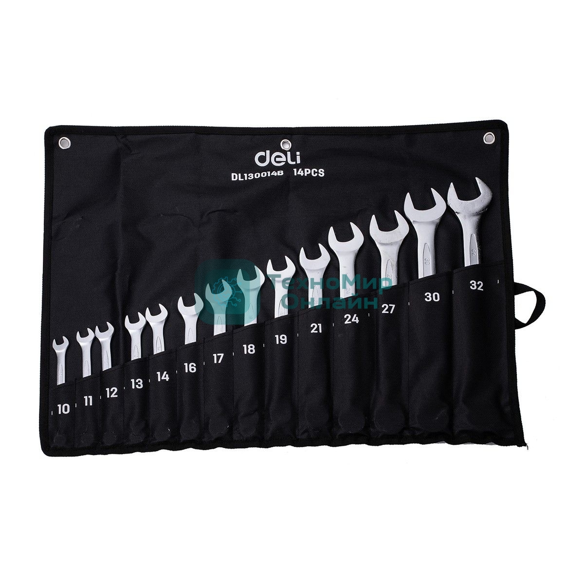Набор комбинированных гаечных ключей 14 шт Deli DL130014B Спецификация: 10 мм, 11 мм, 12 мм, 13 мм, 14 мм, 16 мм, 17 мм, 18 мм, 19 мм, 21 мм, 24 мм, 27 мм, 30 мм, 32 мм. Матовая хромированная поверхность. Тканевая упаковка.