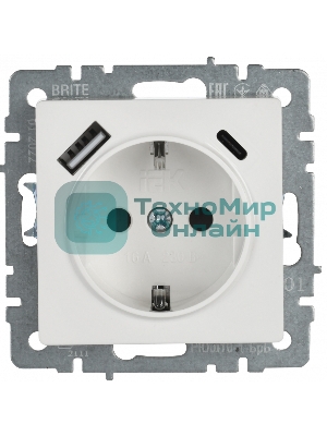 Розетка 1-местная IEK BRITE РЮш11-1-БрБ (BR-R14-16-U22-018-K01) с заземлением, с защитными шторками, 16А, с USB A+C 18 Вт, белый