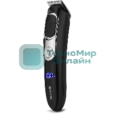 Триммер Vitek VT-2549 BK Питание сеть/аккумулятор. Встроенная аккумуляторная батарея Li-ion 700 mAh 3,7V. Время зарядки 90мин. Время автономной работы 45мин. Влажная очистка. Детальный триммер. Индикатор зарядки. ЖК дисплей с индикацией процента зарядки батареи. Число установок длины 11. Максимальная длина стрижки 12мм. Минимальная длина стрижки 0,4. Способ регулировки длины регулировкой длины лезвий/сменой насадок. Материал лезвий высокачественная сталь. Число насадок 5. Стрижка бороды. Триммер для носа/ушей. Насадка для бритья. Аксессуары: Щеточка, смазочное масло. Низкий уровень вибрации и шума.