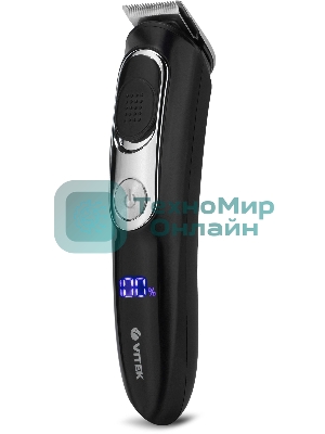 Триммер Vitek VT-2549 BK Питание сеть/аккумулятор. Встроенная аккумуляторная батарея Li-ion 700 mAh 3,7V. Время зарядки 90мин. Время автономной работы 45мин. Влажная очистка. Детальный триммер. Индикатор зарядки. ЖК дисплей с индикацией процента зарядки батареи. Число установок длины 11. Максимальная длина стрижки 12мм. Минимальная длина стрижки 0,4. Способ регулировки длины регулировкой длины лезвий/сменой насадок. Материал лезвий высокачественная сталь. Число насадок 5. Стрижка бороды. Триммер для носа/ушей. Насадка для бритья. Аксессуары: Щеточка, смазочное масло. Низкий уровень вибрации и шума.