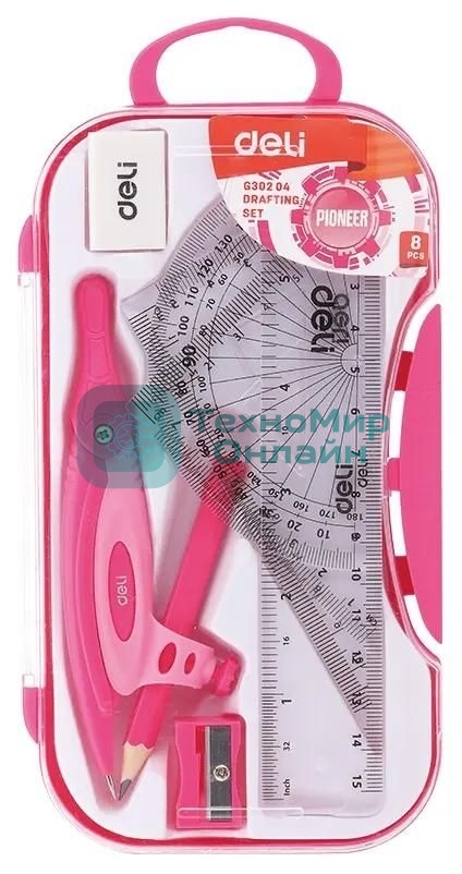 Циркуль Deli EG30204, корпус ассорти, пластик, в комплекте: линейка/транспортир/2 угольника/карандаш/ластик/точилка