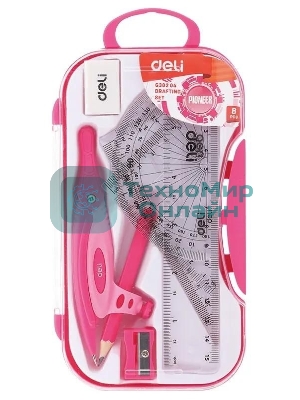 Циркуль Deli EG30204, корпус ассорти, пластик, в комплекте: линейка/транспортир/2 угольника/карандаш/ластик/точилка