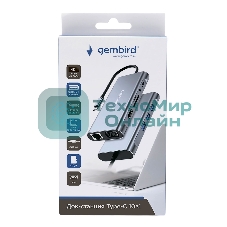 Концентратор USB Type-C Gembird UHB-D4, 10в1: 3xUSB3.1, Type-C PD87W, Jack 3.5, SD/TF, HDMI, RJ45, VGA, кабель 15 см, алюминий