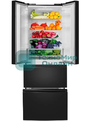 Холодильник Maunfeld MFF180NFBE01 черный трехкамерный 224/113л морозилка снизу, No Frost