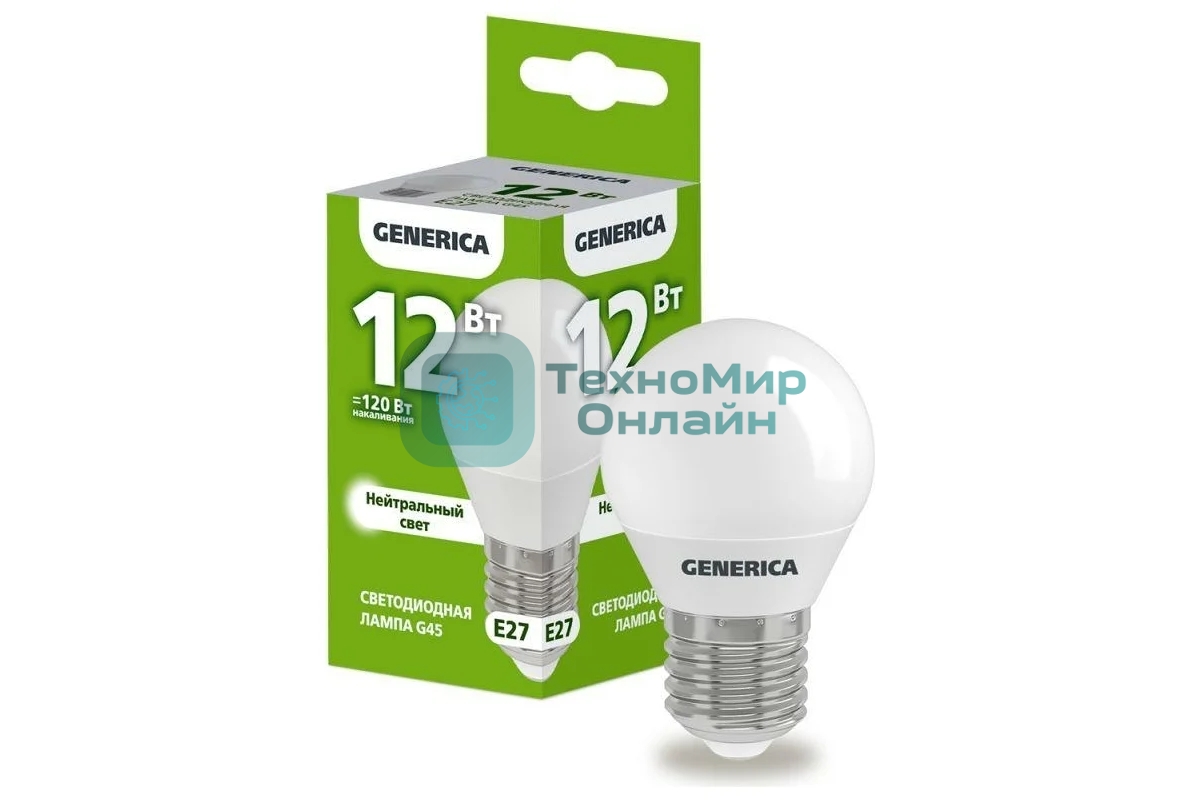 Лампа светодиодная GENERICA LL-G45-12-230-40-E27-G G45 12 Вт шар 4000К E27 230В