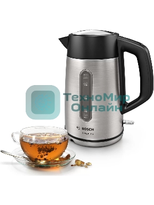 Чайник электрический Bosch TWK4P440 1.7 л, 2400 Вт, нержавеющая сталь/черный (корпус: нержавеющая сталь)
