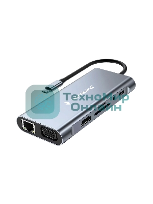 Концентратор USB Type-C Gembird UHB-D4, 10в1: 3xUSB3.1, Type-C PD87W, Jack 3.5, SD/TF, HDMI, RJ45, VGA, кабель 15 см, алюминий