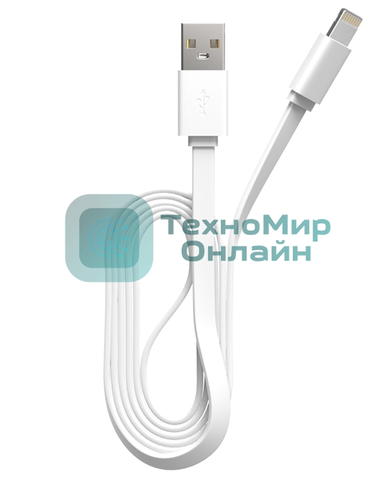 Кабель Maxvi MC-03F white USB-A - Lightning, 2A Плоский кабель, ток макс. нагрузки 2А, макс. напряжение 5V; стандарт USB 2.0; длина 1м, материал PVC, белый