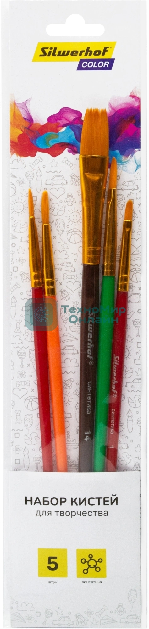 Набор кистей Silwerhof Color, синтетика (набор 5шт) синтетика круглая №3/плоская №2,6,14/овальная №1