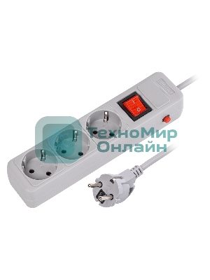 Сетевой фильтр 16А, 3500 Вт, 3 гнезда, без з/ш, с з/к, ПВС 3x1.0, 3 м, серый (SBSP-3-30-G)