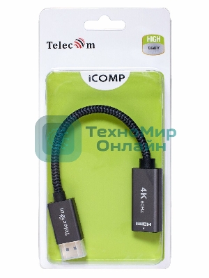 Кабель-переходник DP --> HDMI-F 0.2m, серый металлик, оплетка, 4K@60Hz, Telecom (TA560)