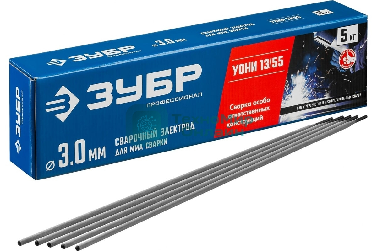 Электрод Зубр сварочный УОНИ 13/55 с основным покрытием, для ММА сварки, d 3.0 х 350 мм, 5 кг в коробке, Профессионал.
