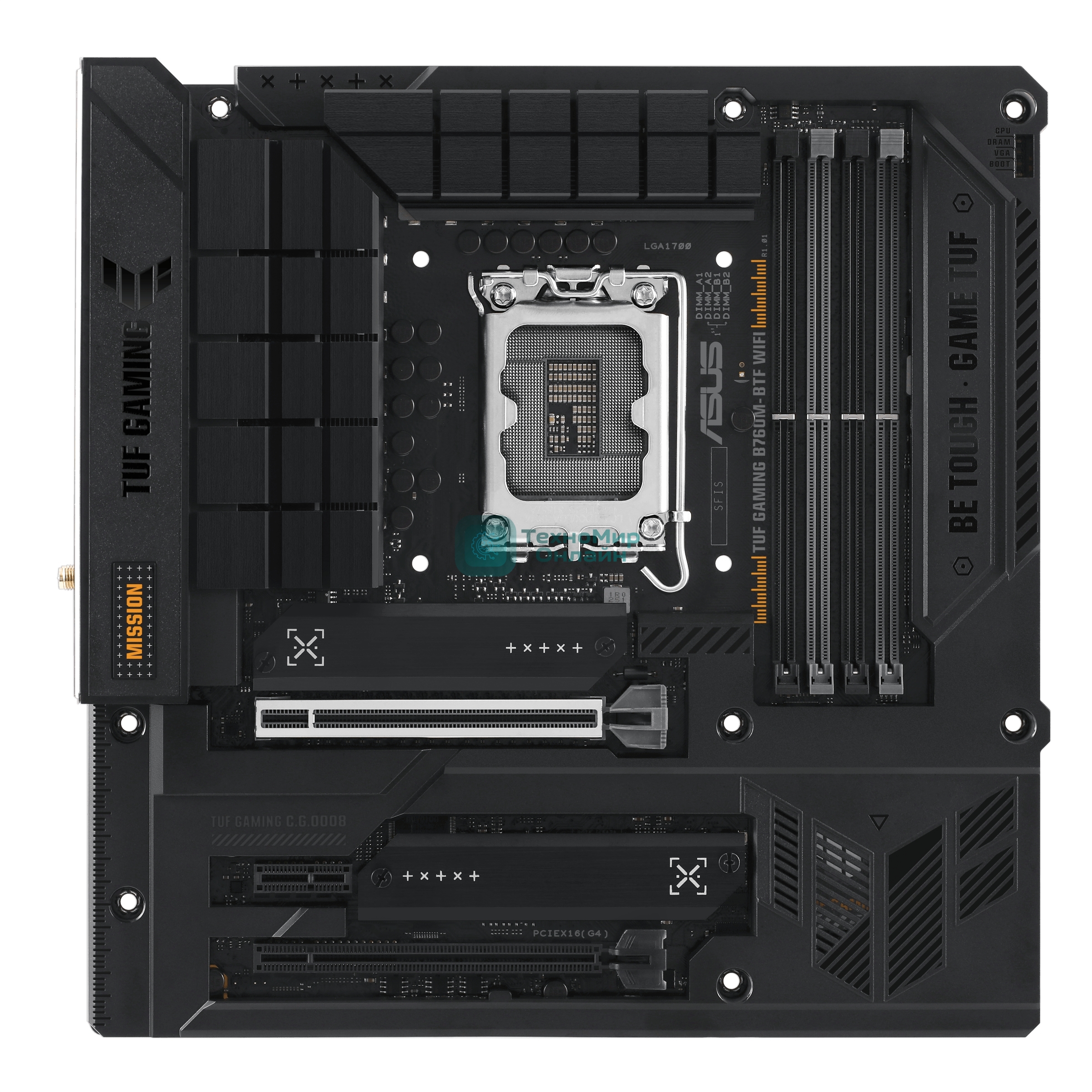 Материнская плата ASUS TUF GAMING B760M-BTF WIFI, LGA 1700, Intel B760, 4xDDR5, 4xSATA, 3xM.2, 1xPCIe 5.0 x16, 1xPCIe 4.0 x4, 1xPCIe x1, 1xDP, 1xHDMI, 1x 2.5Gb LAN, 1xUSB-A 3.2 Gen 2, 2xUSB-A 3.2 Gen 1, 4xUSB 2.0, 1xUSB-C 3.2 Gen 1, 1xUSB-C 3.2 Gen 2, 1xUSB-C 3.2 Gen 2x2, 3x3.5 мм, 7.1, mATX