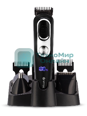 Триммер Vitek VT-2549 BK Питание сеть/аккумулятор. Встроенная аккумуляторная батарея Li-ion 700 mAh 3,7V. Время зарядки 90мин. Время автономной работы 45мин. Влажная очистка. Детальный триммер. Индикатор зарядки. ЖК дисплей с индикацией процента зарядки батареи. Число установок длины 11. Максимальная длина стрижки 12мм. Минимальная длина стрижки 0,4. Способ регулировки длины регулировкой длины лезвий/сменой насадок. Материал лезвий высокачественная сталь. Число насадок 5. Стрижка бороды. Триммер для носа/ушей. Насадка для бритья. Аксессуары: Щеточка, смазочное масло. Низкий уровень вибрации и шума.
