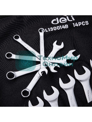 Набор комбинированных гаечных ключей 14 шт Deli DL130014B Спецификация: 10 мм, 11 мм, 12 мм, 13 мм, 14 мм, 16 мм, 17 мм, 18 мм, 19 мм, 21 мм, 24 мм, 27 мм, 30 мм, 32 мм. Матовая хромированная поверхность. Тканевая упаковка.