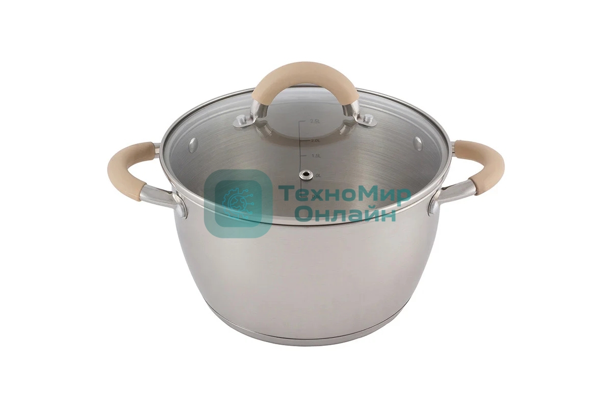 Кастрюля Mallony Fortuna нержавеющая сталь, 3,3 л, с крышкой, матовый корпус, ручки с силиконом (007219)