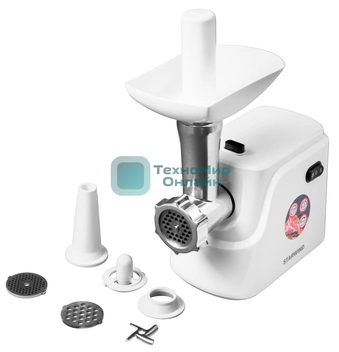 Мясорубка электрическая Starwind SMG3120 белый, 1500 Вт, 2.0 кг/мин, реверс, защита от перегрузки, насадки - 5