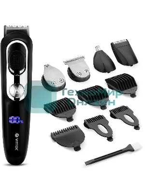 Триммер Vitek VT-2549 BK Питание сеть/аккумулятор. Встроенная аккумуляторная батарея Li-ion 700 mAh 3,7V. Время зарядки 90мин. Время автономной работы 45мин. Влажная очистка. Детальный триммер. Индикатор зарядки. ЖК дисплей с индикацией процента зарядки батареи. Число установок длины 11. Максимальная длина стрижки 12мм. Минимальная длина стрижки 0,4. Способ регулировки длины регулировкой длины лезвий/сменой насадок. Материал лезвий высокачественная сталь. Число насадок 5. Стрижка бороды. Триммер для носа/ушей. Насадка для бритья. Аксессуары: Щеточка, смазочное масло. Низкий уровень вибрации и шума.