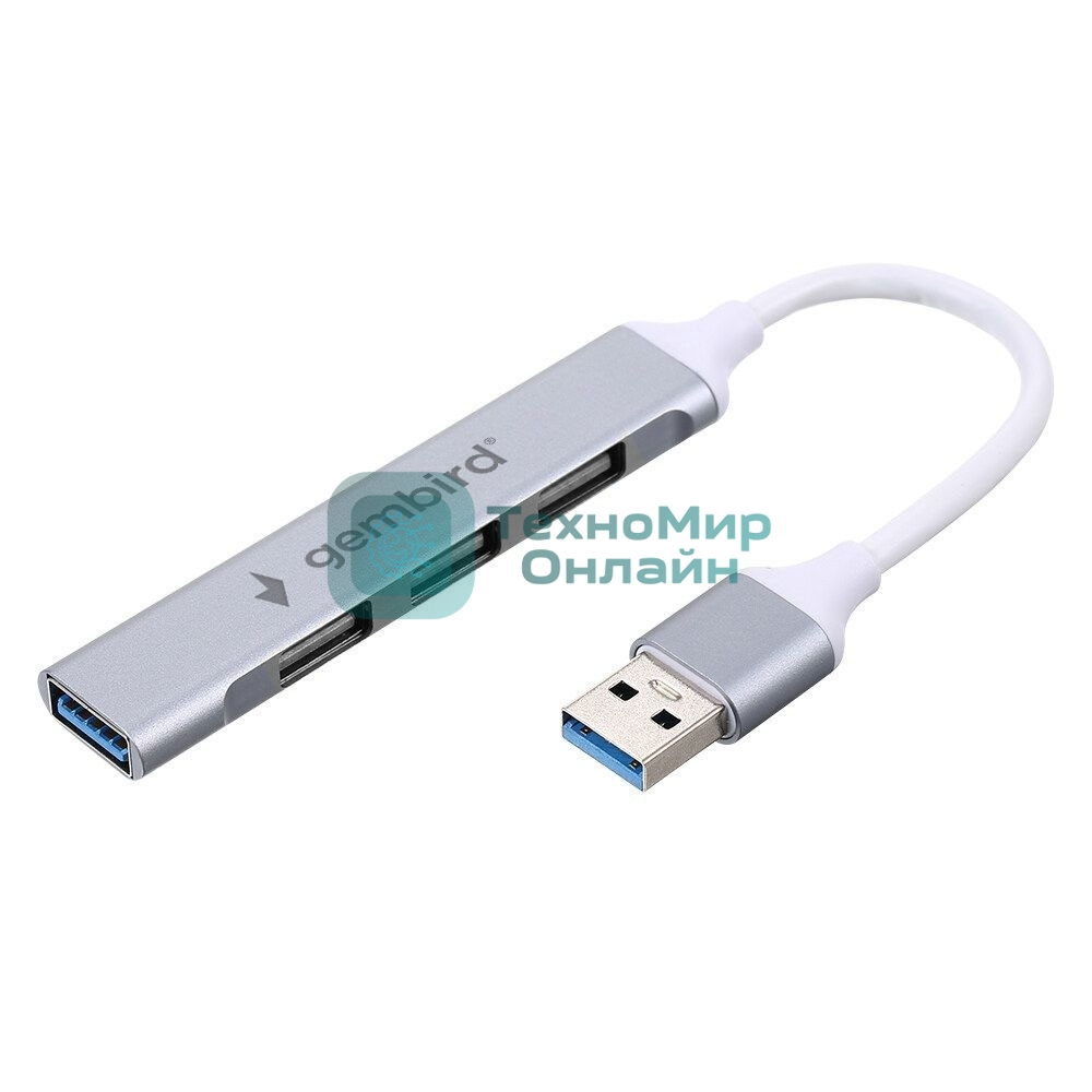 Разветвитель USB3.0/2.0 Gembird UHB-C206, USB3.0, 3xUSB2.0, кабель USB 10 см, серебристый металл, пакет